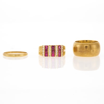 Lot 1225 - Gold, Ruby and Diamond Ring and Two Gold Band Rings