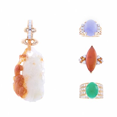 Lot 1235 - Three Gold, Multicolored Jade and Diamond Rings and Pendant