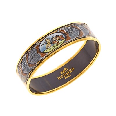 Lot 2002 - Hermès Paris Gilt-Metal and Enamel 'Feather' Bangle Bracelet