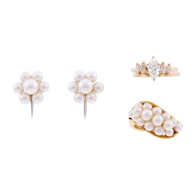 Lot 1258 - Mikimoto Gold and Cultured Pearl Ring and Group of Gold, Low Karat White Gold Jewelry