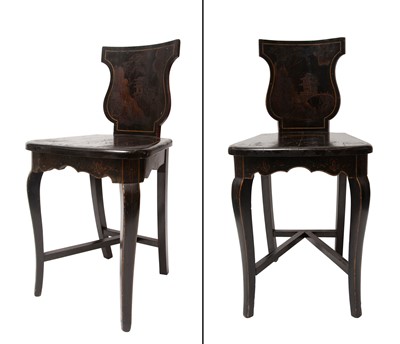 Lot 124 - Pair of Black and Gold Chinoiserie Decorated Side Chairs