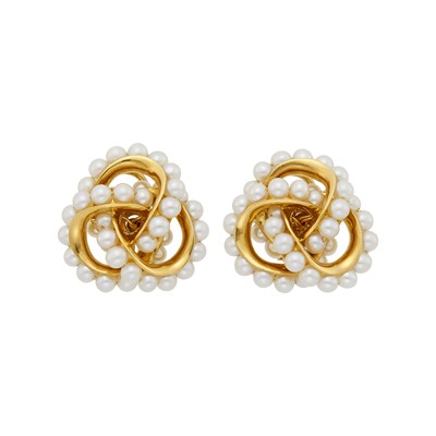 Lot 141 - Seaman Schepps Pair of Gold and Cultured Pearl 'Triple Link' Earclips