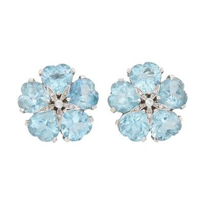 Lot 1075 - Pair of White Gold, Blue Topaz and Diamond Flower Earclips