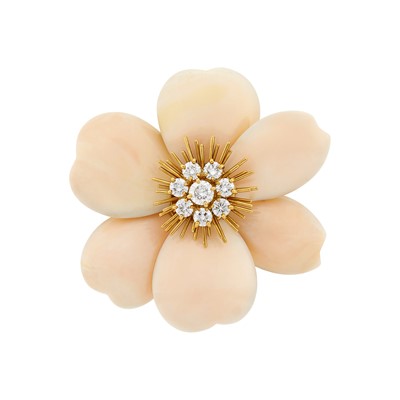 Lot 180 - Van Cleef & Arpels Gold, Angel Skin Coral and Diamond 'Rose de Noel' Clip-Brooch, France