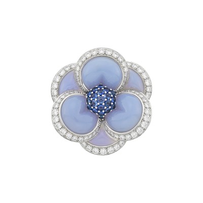 Lot 213 - Van Cleef & Arpels Platinum, Blue Chalcedony, Sapphire and Diamond 'Gardenia' Clip-Brooch