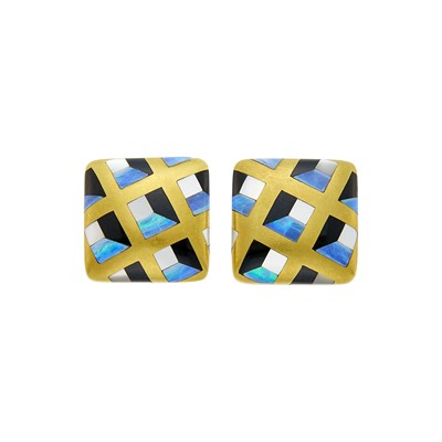 Lot 1 - Angela Cummings Pair of Gold, Opal, Black Jade and Mother-of-Pearl Earclips