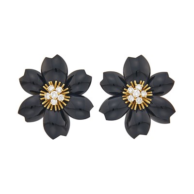 Lot 190 - Van Cleef & Arpels Pair of Gold, Black Onyx and Diamond 'Rose de Noel' Earclips, France