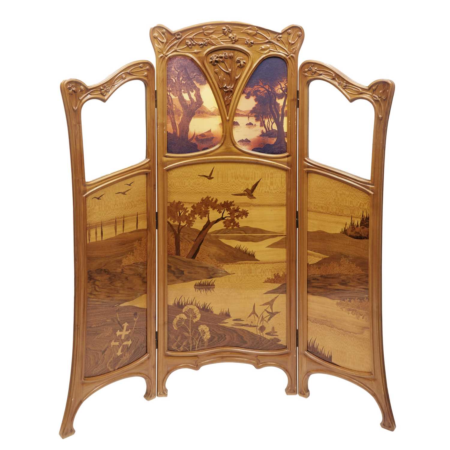 Lot 405 - Art Nouveau Three-Panel Inlaid Walnut and Cameo Glass Screen