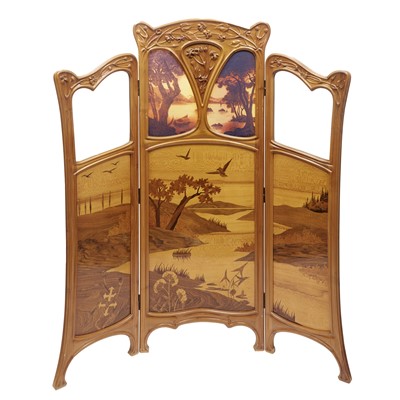 Lot 405 - Art Nouveau Three-Panel Inlaid Walnut and Cameo Glass Screen