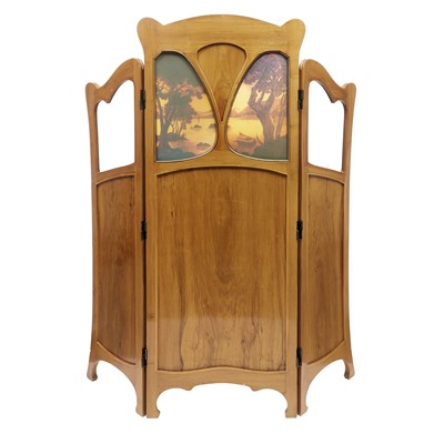 Lot 405 - Art Nouveau Three-Panel Inlaid Walnut and Cameo Glass Screen