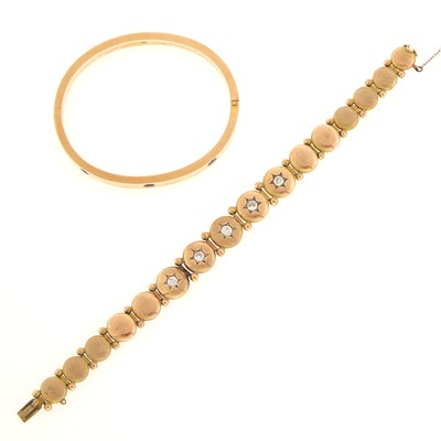 Lot 1195 - Antique Gold and Sapphire Bangle Bracelet and Gold-Filled and Diamond Bracelet
