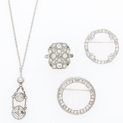 Lot 1089 - Two Platinum, White Gold and Diamond Circle Pins, Pendant-Necklace and Ring