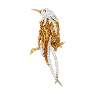Lot 122 - Gold, Platinum and Diamond Bird Clip-Brooch