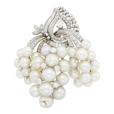 Lot 1059 - Platinum, Cultured Pearl and Diamond Brooch