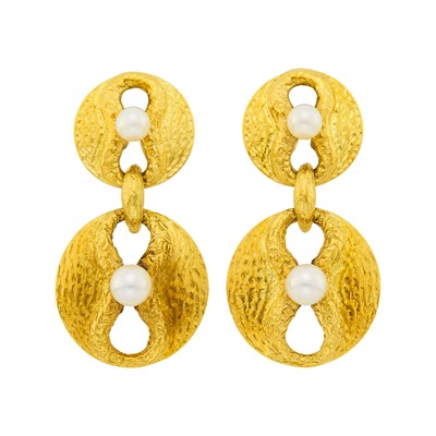 Lot 14 - Tiffany & Co. Pair of Gold and Cultured Pearl Pendant-Earrings