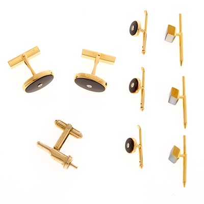 Lot 2149 - Tiffany & Co. Gold, Black Onyx and Diamond Dress Set, Angela Cummings Three Studs and Metal Single Cufflink Fragment