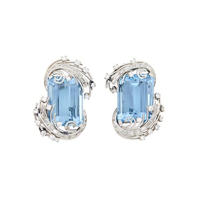Lot 1062 - Pair of Platinum, Aquamarine and Diamond Earclips