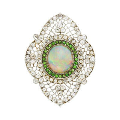 Lot 59 - Platinum, Jelly Opal, Diamond and Green Garnet Pendant-Brooch