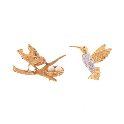 Lot 1185 - Two Gold, Diamond and Cultured Pearl Bird Pins
