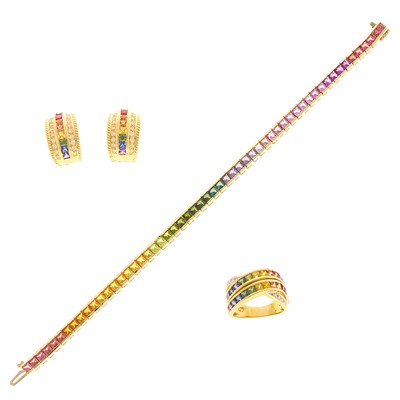 Lot 1230 - Gold, Multicolored Stone and Diamond Bracelet, Ring and Earrings