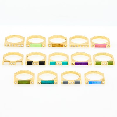 Lot 2026 - Fourteen Goph Albitz Gold, Diamond and Multi-Colored Stone Stacking Rings