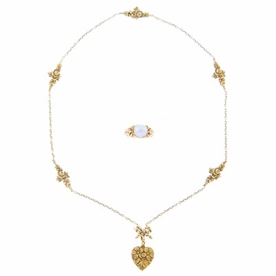 Lot 1121 - Gold, Cultured Pearl and Diamond Ring and Gold Floral Necklace with Heart Pendant