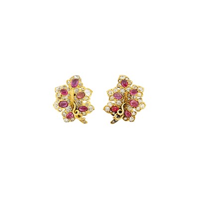 Lot 1111 - Antique Gold, Cabochon Ruby and Diamond Grape Leaf Earrings