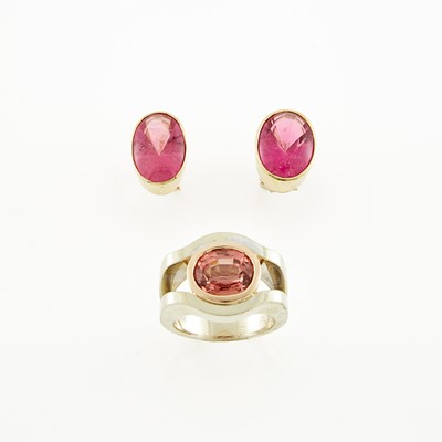 Lot 1228 - Pair of Gold and Pink Tourmaline Earclips and Two-Color Gold Ring