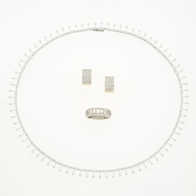 Lot 1251 - White Gold and Diamond Necklace, Pair of Two-Color Gold Huggie Earrings and Band Ring