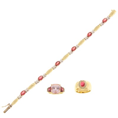Lot 1229 - Gold, Pink Tourmaline and Diamond Bracelet and Two Rings