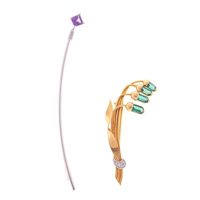 Lot 1256 - Gold, Green Tourmaline and Diamond Pin and White Gold, Amethyst and Diamond Pin