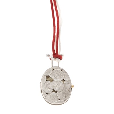 Lot 1197 - Linda Kindler Priest Silver, Gold, Colored Diamond and Ruby 'Baby Lily-Trotter' Pendant Locket-Brooch with Cord Necklace