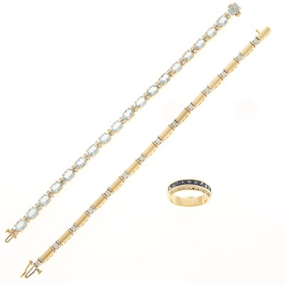 Lot 2155 - Gold, Diamond and Gem Set Ring and Two Bracelets