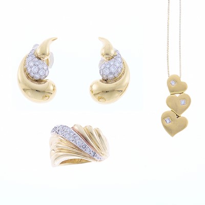 Lot 1209 - Gold and Diamond Ring, Pair of Earrings and Heart Pendant with Chain Necklace