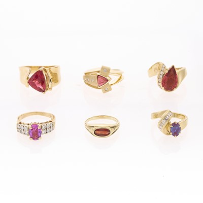 Lot 1231 - Six Gold, GIlt-Metal and Gem-Set Rings
