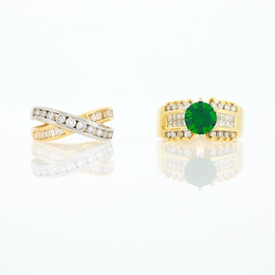 Lot 2166 - Two-Color Gold and Diamond Band Ring and Gold, Green Glass and Diamond Ring
