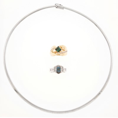 Lot 1253 - White Gold Omega Necklace and Two Colored Stone and Diamond Rings