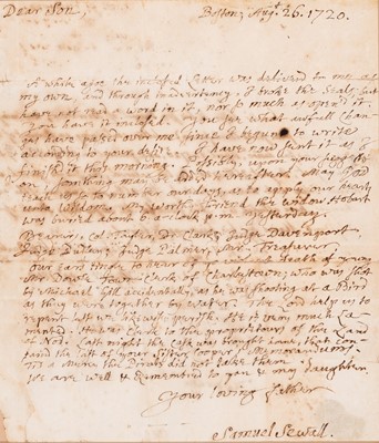 Lot 48 - An important letter from the only repenting judge of the Salem Witch Trials