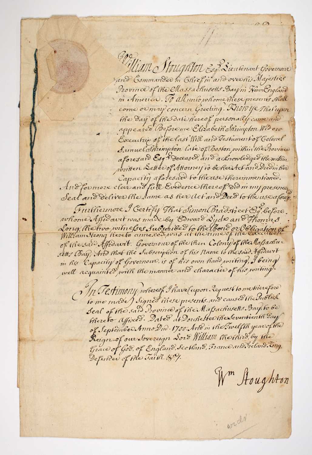 Lot 22 - Signed by the Chief Justice of the Court of Oyer and Terminer in the Salem Witch Trials