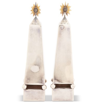 Lot 138 - Pair of Tony Duquette Silver Plate and Brass Obelisk Form Salt and Pepper Casters