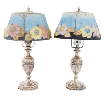 Lot 128 - Pair of Silver Plated Hand Reverse-Painted Glass Table Lamps