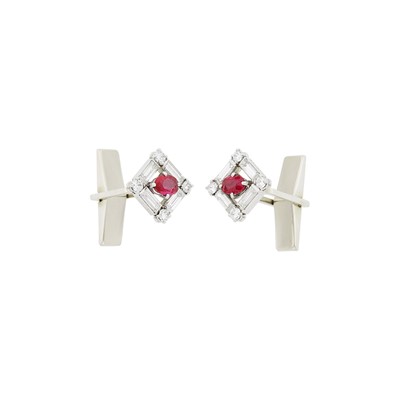 Lot 48 - Cartier Pair of Platinum, White Gold, Ruby and Diamond Cufflinks