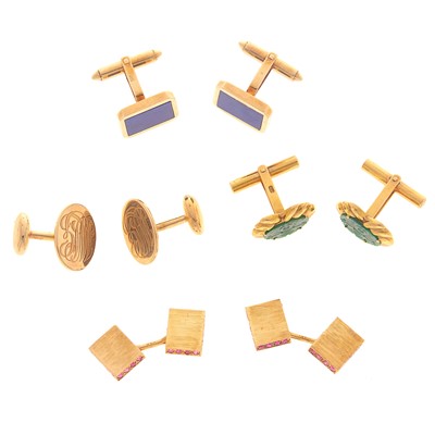 Lot 2160 - Four Pairs of Gold, Ruby and Hardstone Cufflinks