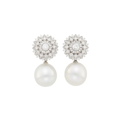 Lot 1086 - Pair of White Gold, Diamond and South Sea Cultured Pearl Pendant-Earrings