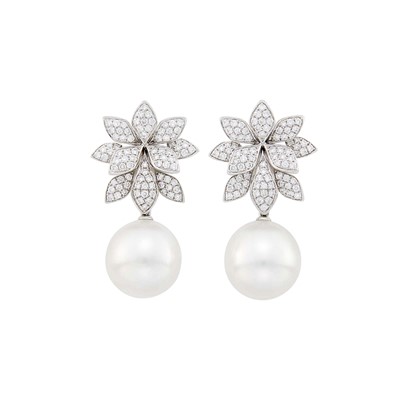 Lot 145 - Pair of White Gold, South Sea Cultured Pearl and Diamond Pendant-Earrings