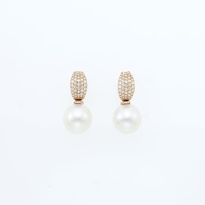 Lot 1042 - Pair of Rose Gold, Cultured Pearl and Diamond Pendant-Earrings