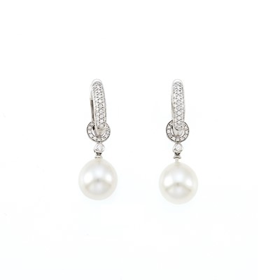 Lot 2179 - Pair of White Gold, Cultured Pearl and Diamond Pendant-Earrings