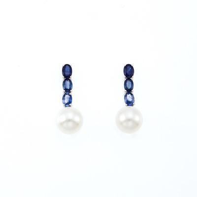 Lot 2222 - Pair of White Gold, Freshwater Pearl and Sapphire Pendant-Earrings