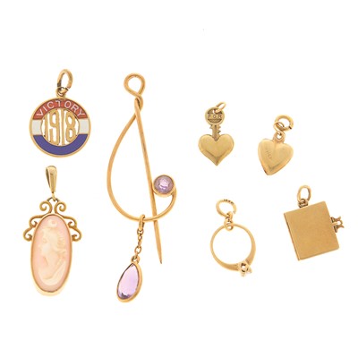 Lot 2140 - Group of Gold, Low Karat Gold, Gem-Set, Enamel and Shell Cameo Charms and Pin
