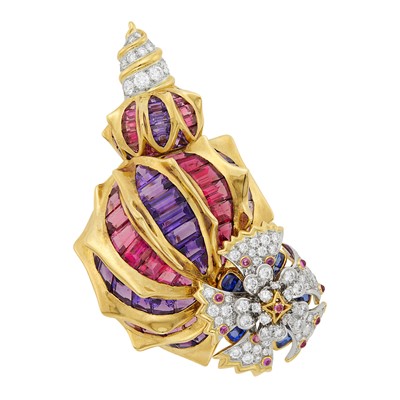 Lot 166 - Tiffany & Co., Schlumberger Gold, Platinum, Gem-Set and Diamond Shell Clip-Brooch, France
